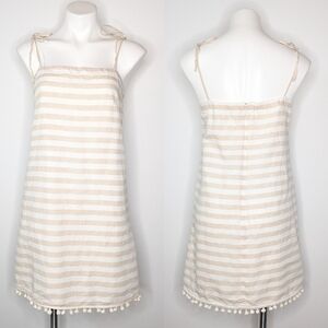 J Crew T white cream striped pom pom spaghetti tie strap linen & cotton dress S